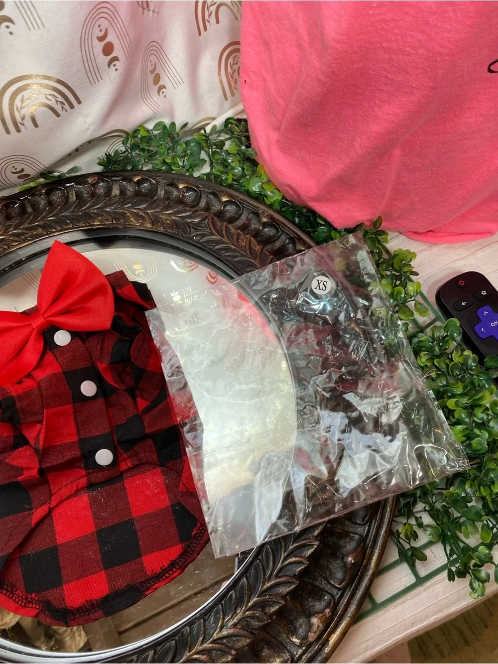 Red Plaid Dog shirt with Bow - Unbranded